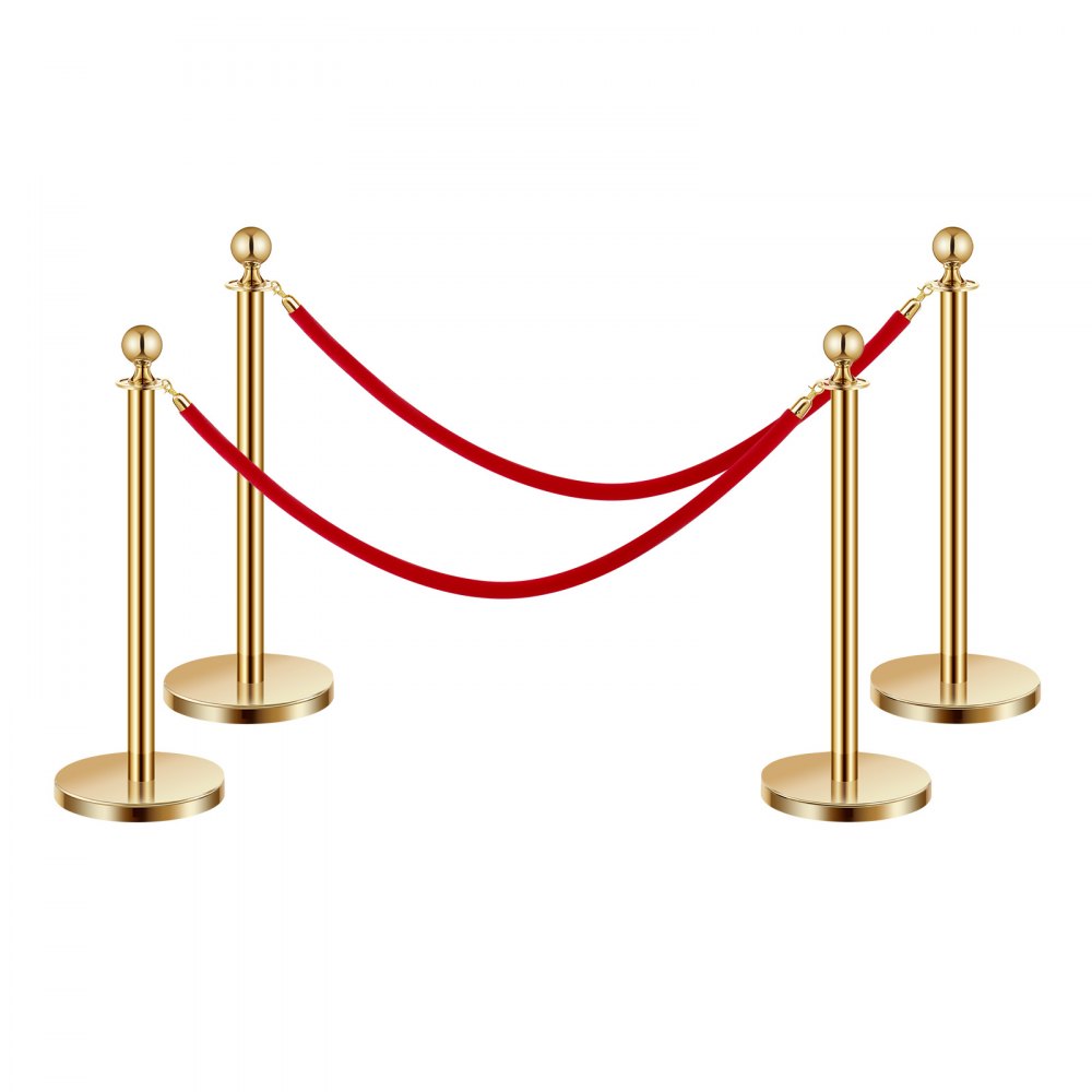 VEVOR Stanchion Post, 4 Pcs Crowd Control Barrier Set with 2 Red Velvet Ropes, 5 ft Stainless Steel Gold Stanchion Post Queue with Sand Injection Hollow Base for Theater, Party, Wedding, Exhibition