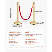 VEVOR 4 Pcs Gold Stanchion Post 2 Red Velvet Ropes Sand Injection Hollow Base