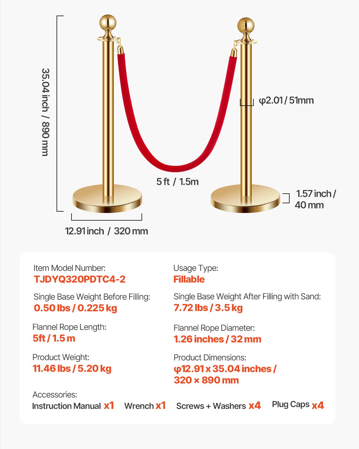 VEVOR Stanchion Post, 4 Pcs Crowd Control Barrier Set with 2 Red Velvet Ropes, 5 ft Stainless Steel Gold Stanchion Post Queue with Sand Injection Hollow Base for Theater, Party, Wedding, Exhibition