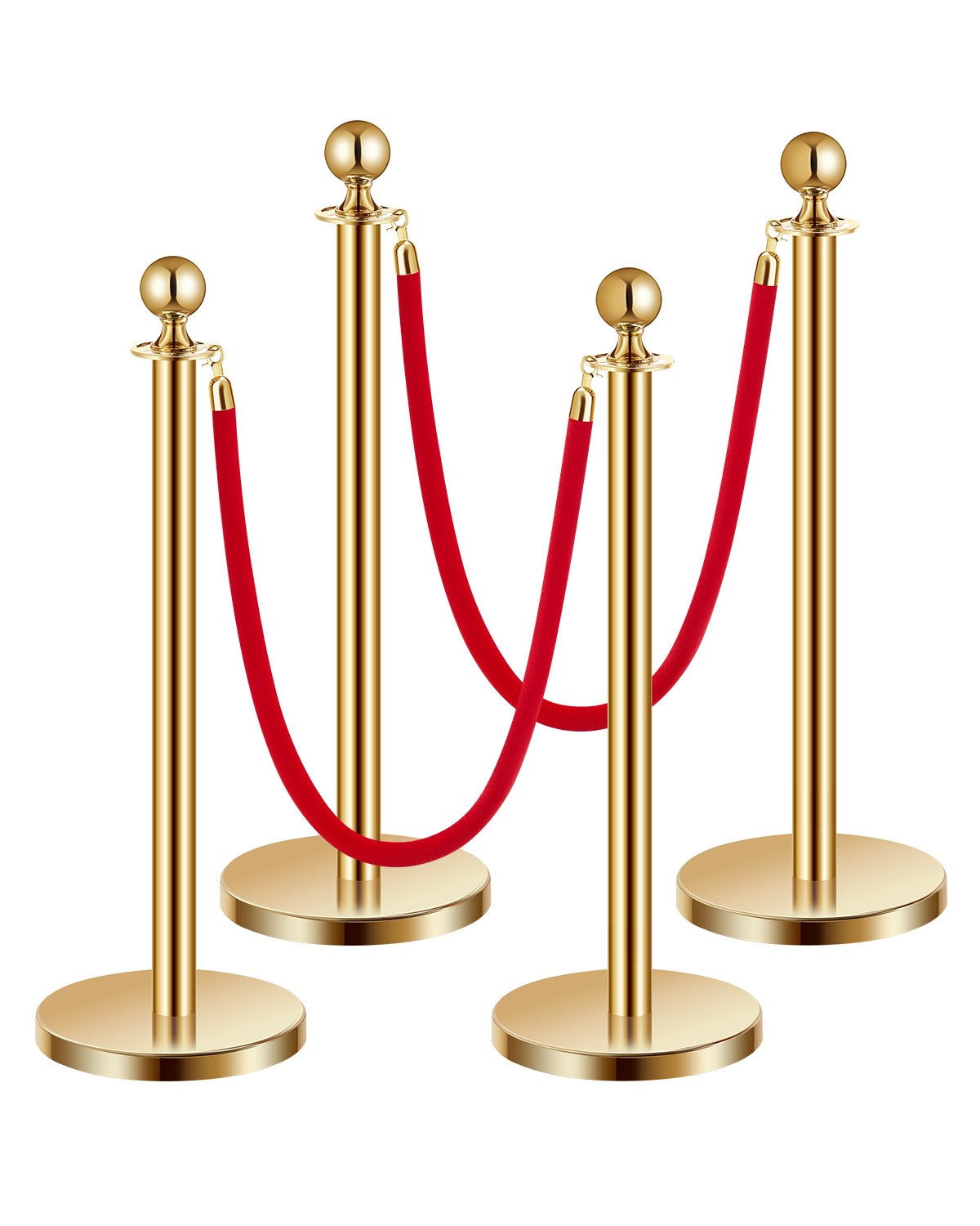 VEVOR Stanchion Post, 4 Pcs Crowd Control Barrier Set with 2 Red Velvet Ropes, 5 ft Stainless Steel Gold Stanchion Post Queue with Sand Injection Hollow Base for Theater, Party, Wedding, Exhibition