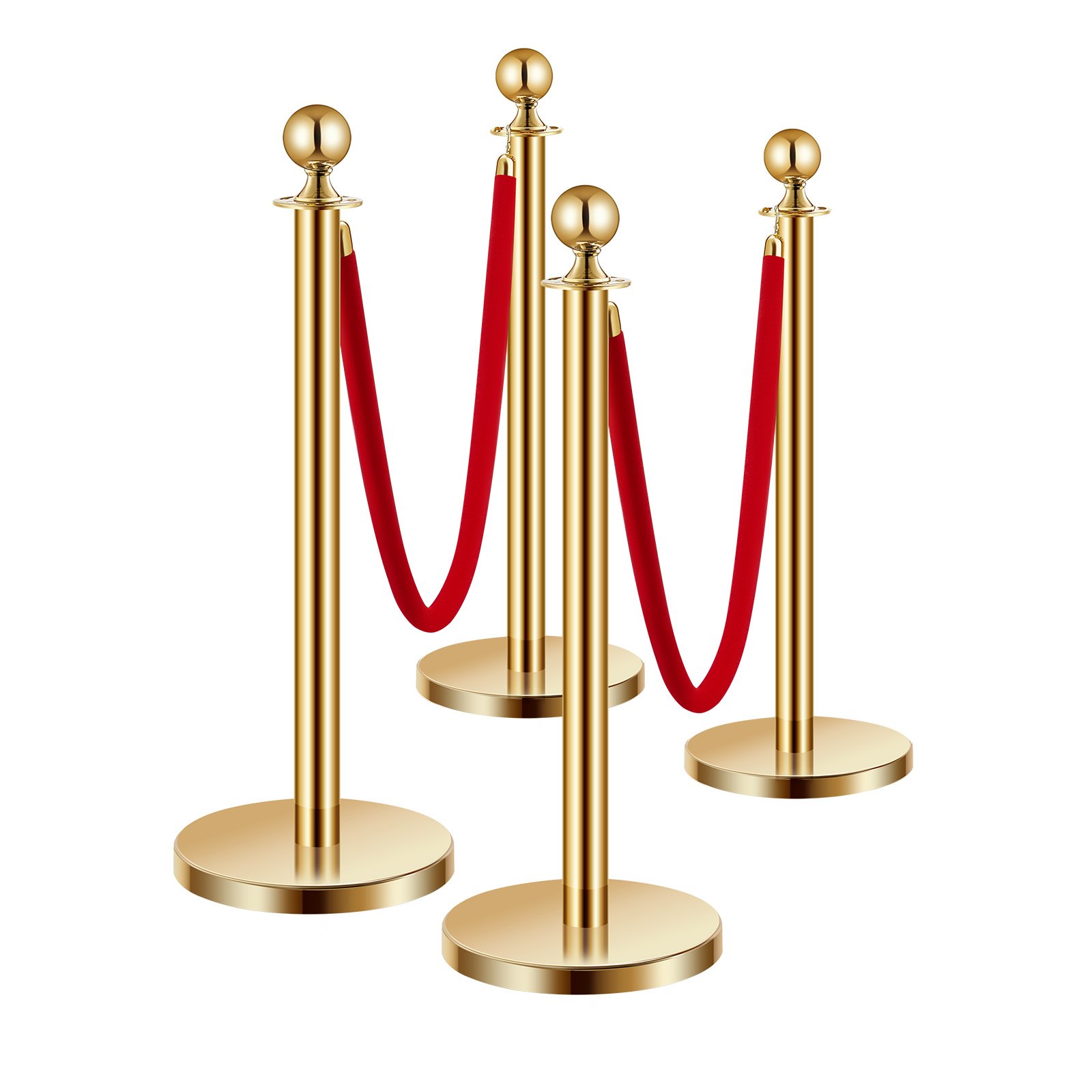 VEVOR Stanchion Post, 4 Pcs Crowd Control Barrier Set with 2 Red Velvet Ropes, 5 ft Stainless Steel Gold Stanchion Post Queue with Sand Injection Hollow Base for Theater, Party, Wedding, Exhibition