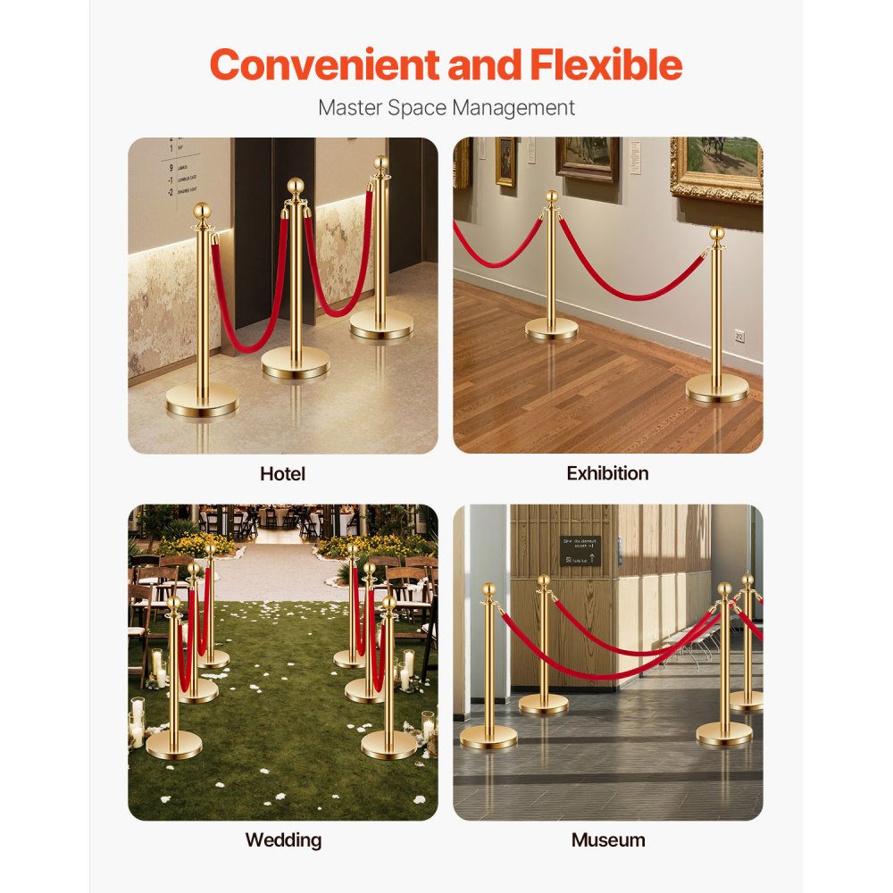 VEVOR Stanchion Post, 6 Pcs Crowd Control Barrier Set with 4 Red Velvet Ropes, 5 ft Stainless Steel Gold Stanchion Post Queue with Sand Injection Hollow Base for Theater, Party, Wedding, Exhibition