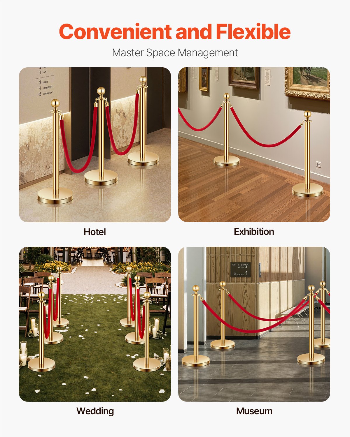 VEVOR Stanchion Post, 6 Pcs Crowd Control Barrier Set with 4 Red Velvet Ropes, 5 ft Stainless Steel Gold Stanchion Post Queue with Sand Injection Hollow Base for Theater, Party, Wedding, Exhibition