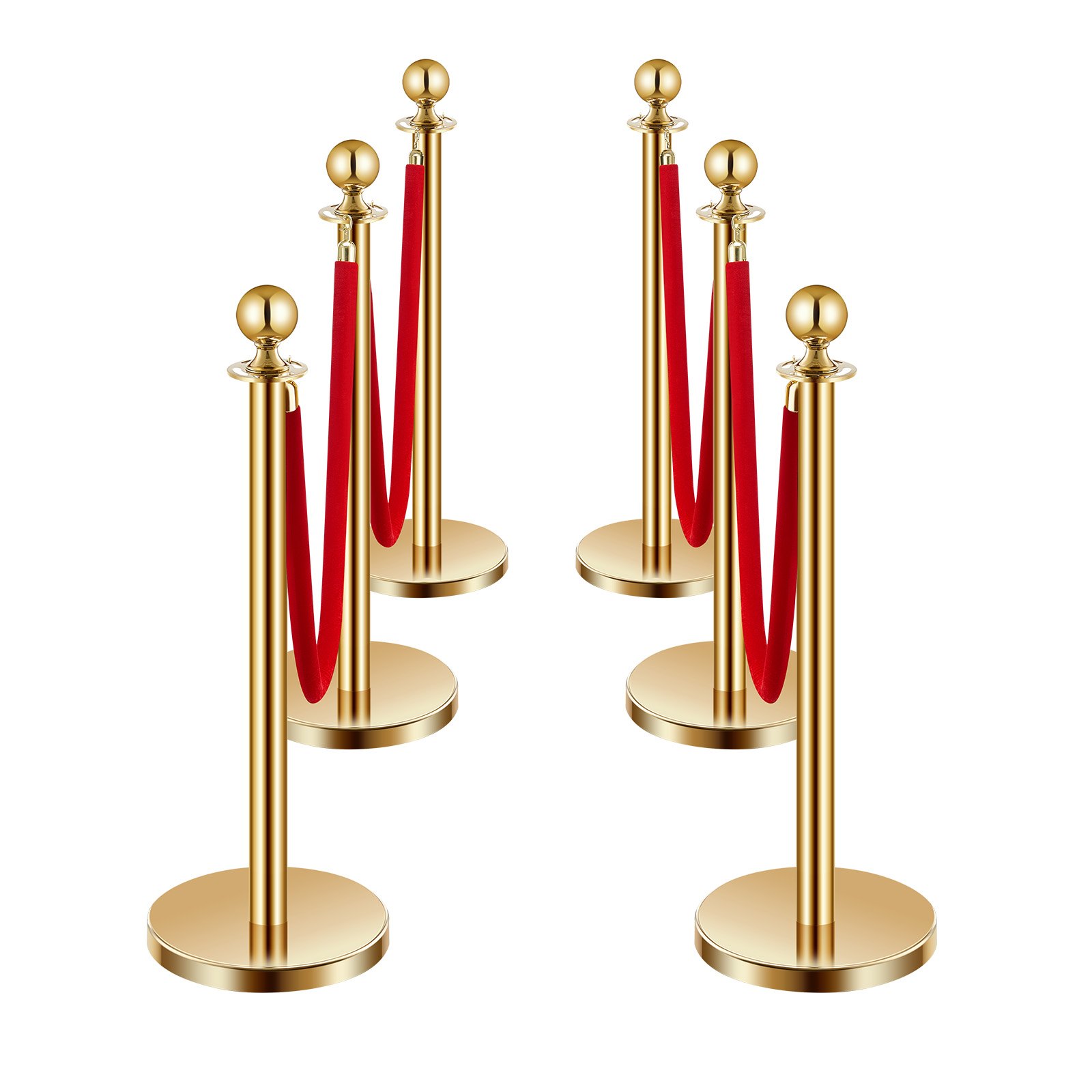 VEVOR Stanchion Post, 6 Pcs Crowd Control Barrier Set with 4 Red Velvet Ropes, 5 ft Stainless Steel Gold Stanchion Post Queue with Sand Injection Hollow Base for Theater, Party, Wedding, Exhibition
