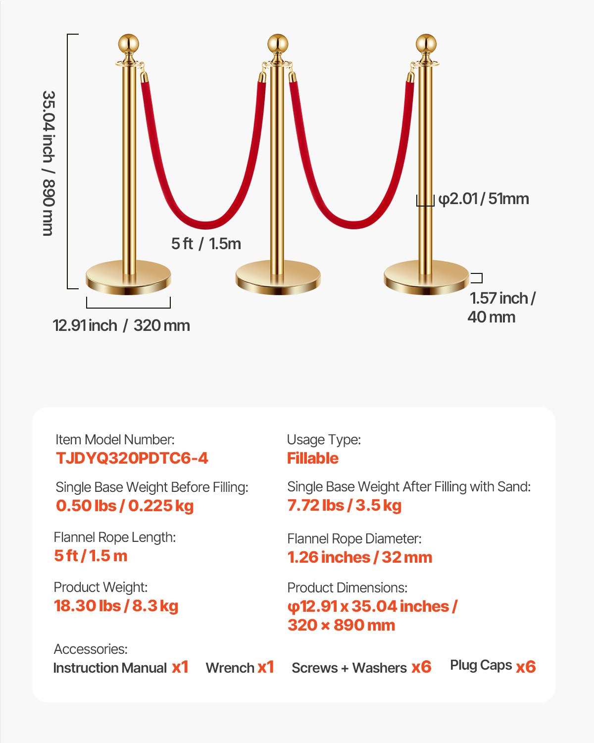 VEVOR Stanchion Post, 6 Pcs Crowd Control Barrier Set with 4 Red Velvet Ropes, 5 ft Stainless Steel Gold Stanchion Post Queue with Sand Injection Hollow Base for Theater, Party, Wedding, Exhibition