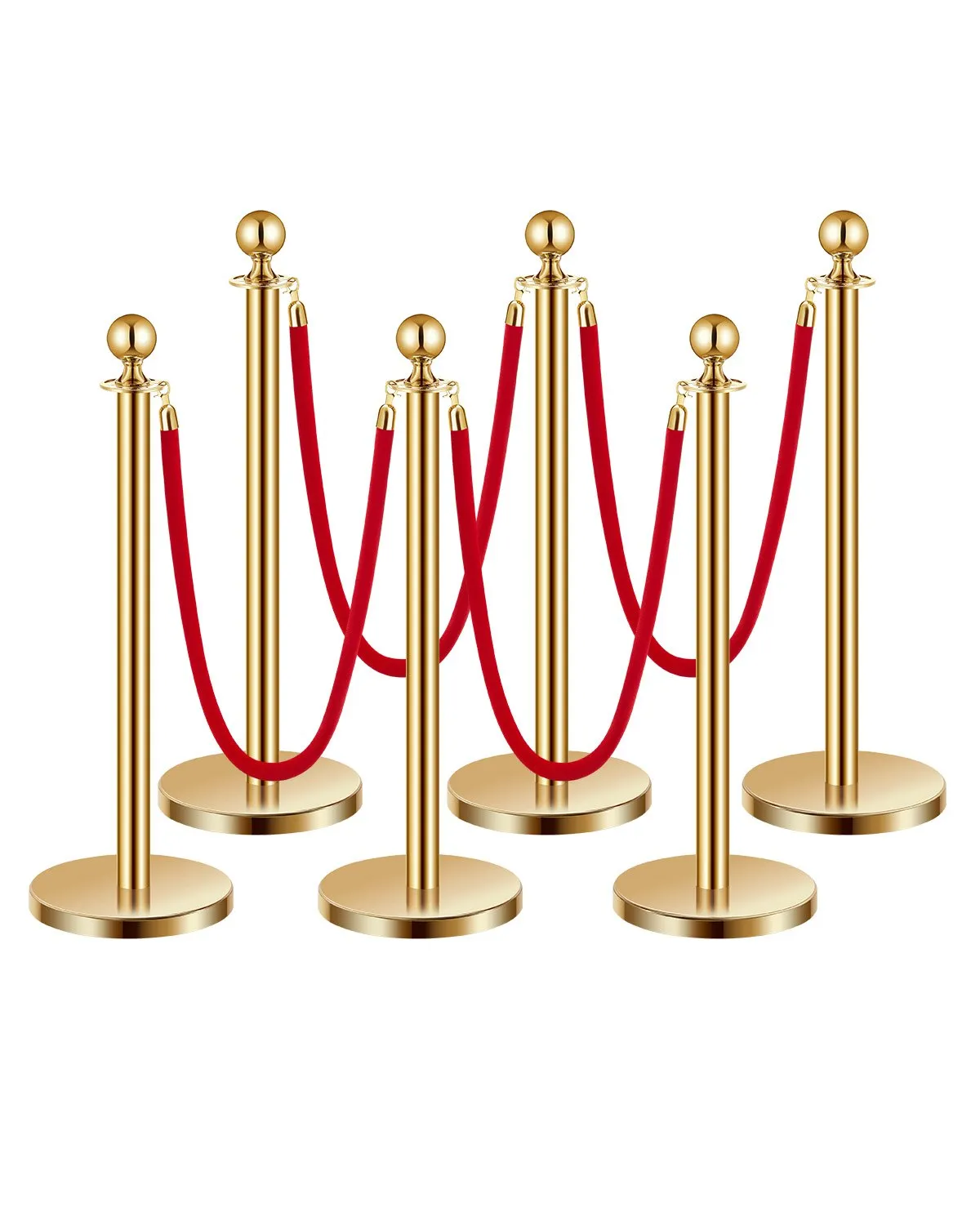 VEVOR Stanchion Post, 6 Pcs Crowd Control Barrier Set with 4 Red Velvet Ropes, 5 ft Stainless Steel Gold Stanchion Post Queue with Sand Injection Hollow Base for Theater, Party, Wedding, Exhibition