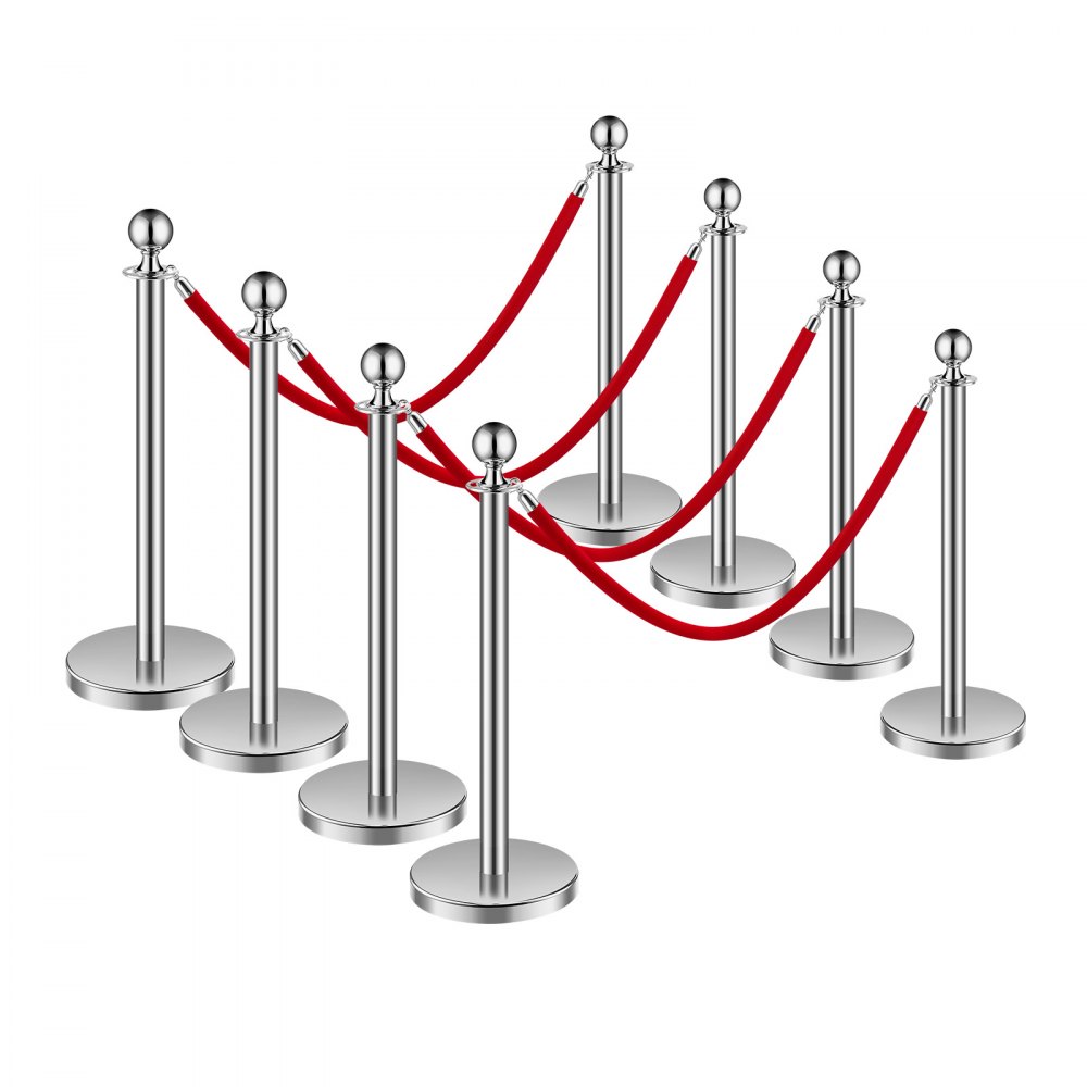 VEVOR Stanchion Post, 8 Pcs Crowd Control Barrier Set with 4 Red Velvet Ropes, 5 ft Stainless Steel Silver Stanchion Post Queue with Sand Injection Hollow Base for Theater, Party, Wedding, Exhibition