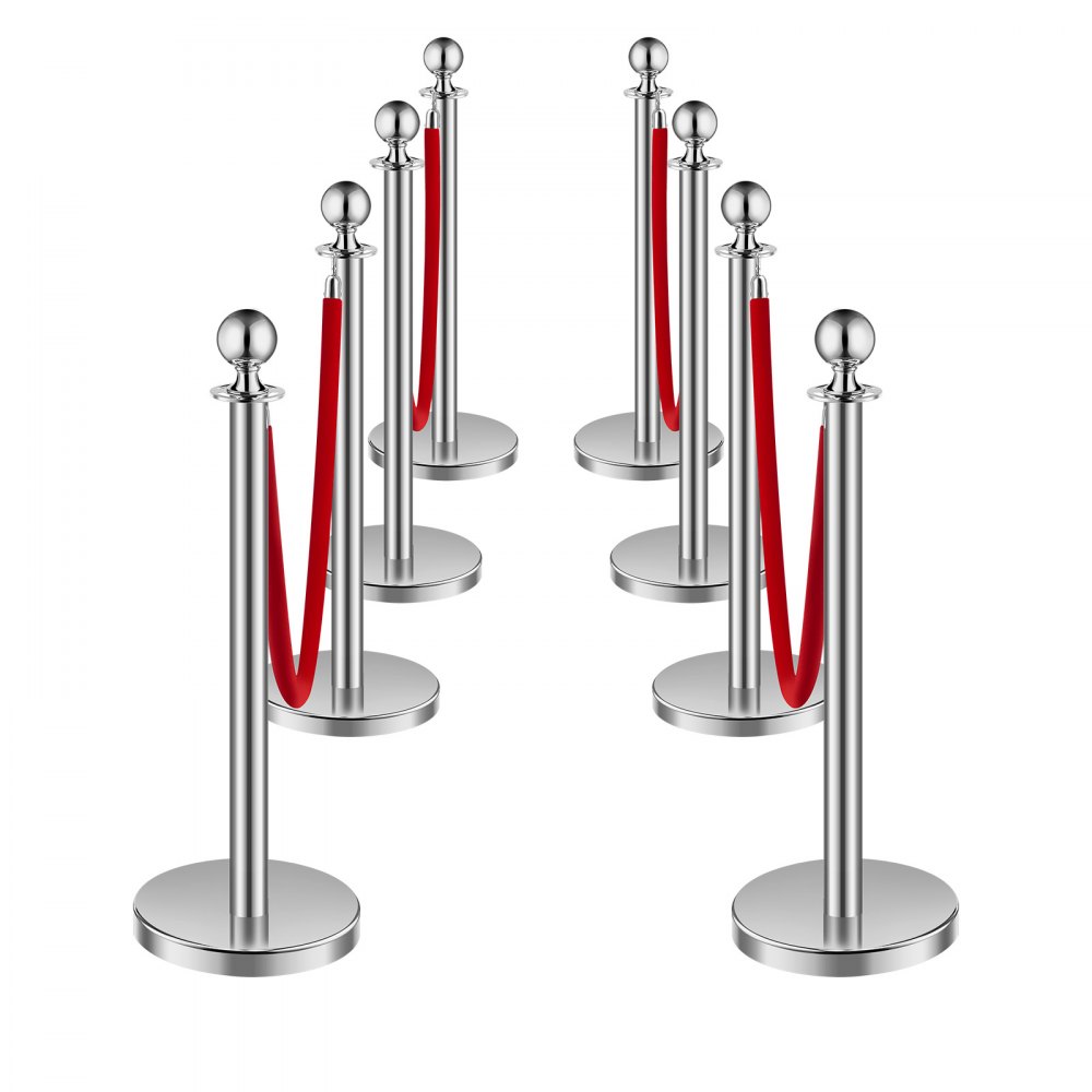 VEVOR Stanchion Post, 8 Pcs Crowd Control Barrier Set with 4 Red Velvet Ropes, 5 ft Stainless Steel Silver Stanchion Post Queue with Sand Injection Hollow Base for Theater, Party, Wedding, Exhibition