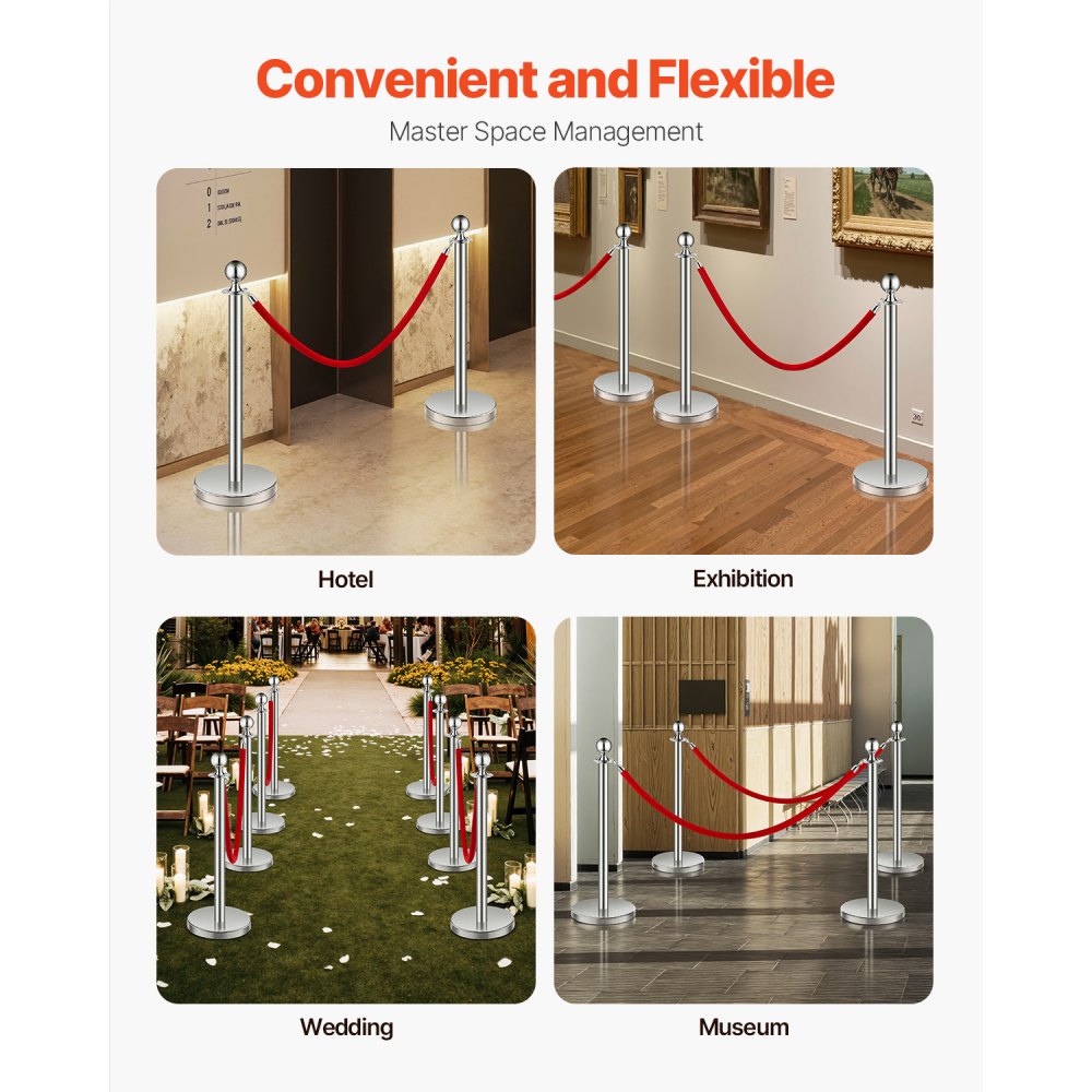 VEVOR Stanchion Post, 8 Pcs Crowd Control Barrier Set with 4 Red Velvet Ropes, 5 ft Stainless Steel Silver Stanchion Post Queue with Sand Injection Hollow Base for Theater, Party, Wedding, Exhibition