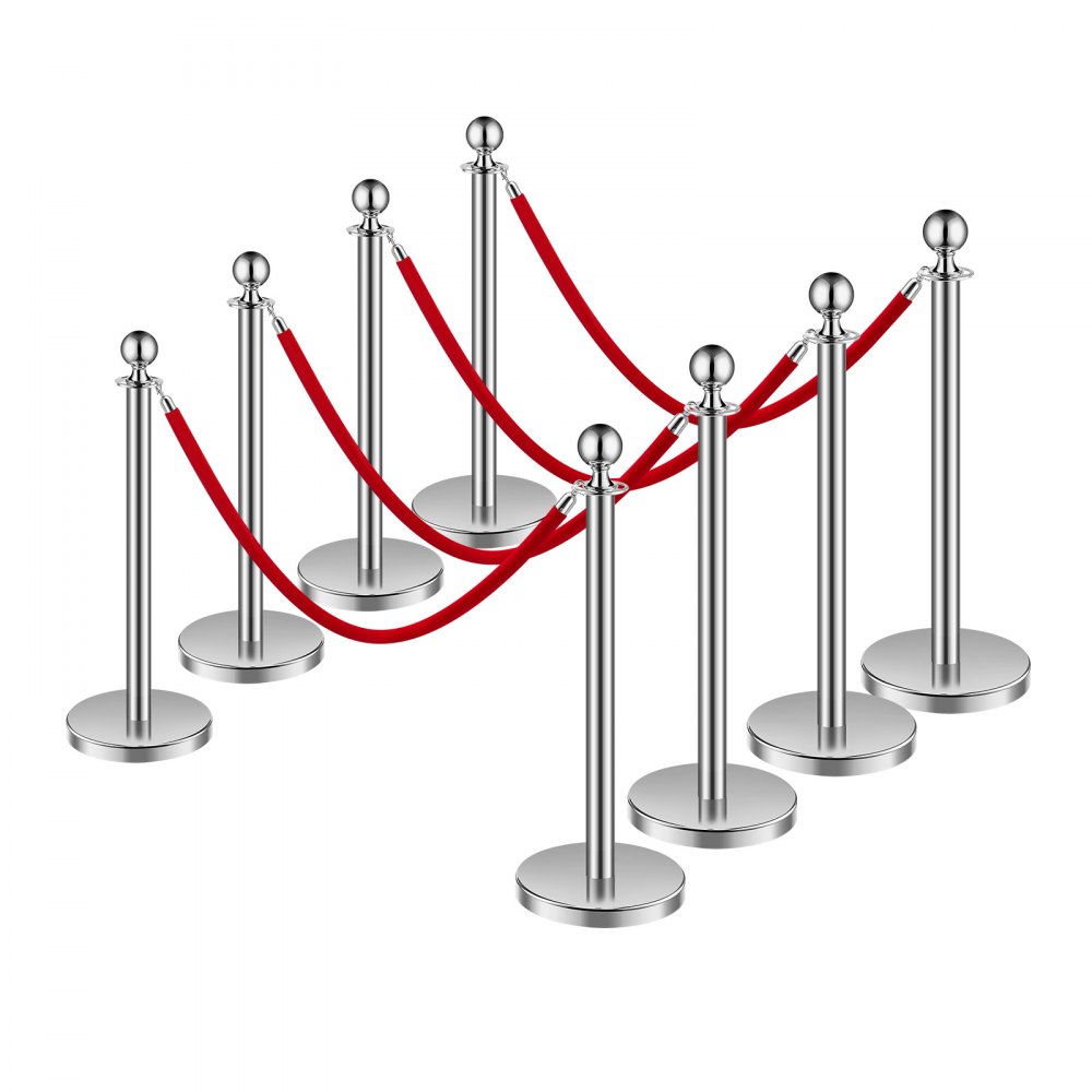 VEVOR Stanchion Post, 8 Pcs Crowd Control Barrier Set with 4 Red Velvet Ropes, 5 ft Stainless Steel Silver Stanchion Post Queue with Sand Injection Hollow Base for Theater, Party, Wedding, Exhibition