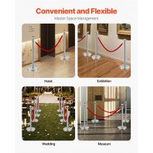 VEVOR Stanchions and Velvet Ropes 8Pcs, Hollow Base with Stainless Steel Post, 4 Red Velvet Ropes and Posts, Crowd Control Barriers Silver Stanchions, Red Carpet Runner Poles for Party Supplies