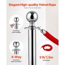 VEVOR Stanchions and Velvet Ropes 8Pcs, Hollow Base with Stainless Steel Post, 4 Red Velvet Ropes and Posts, Crowd Control Barriers Silver Stanchions, Red Carpet Runner Poles for Party Supplies