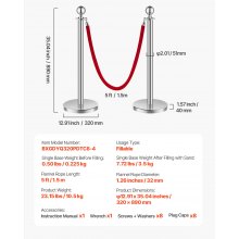 VEVOR Stanchions and Velvet Ropes 8Pcs, Hollow Base with Stainless Steel Post, 4 Red Velvet Ropes and Posts, Crowd Control Barriers Silver Stanchions, Red Carpet Runner Poles for Party Supplies