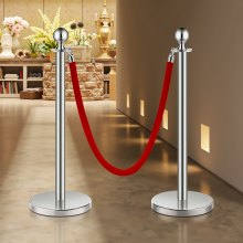 VEVOR Stanchions and Velvet Ropes 8Pcs, Hollow Base with Stainless Steel Post, 4 Red Velvet Ropes and Posts, Crowd Control Barriers Silver Stanchions, Red Carpet Runner Poles for Party Supplies