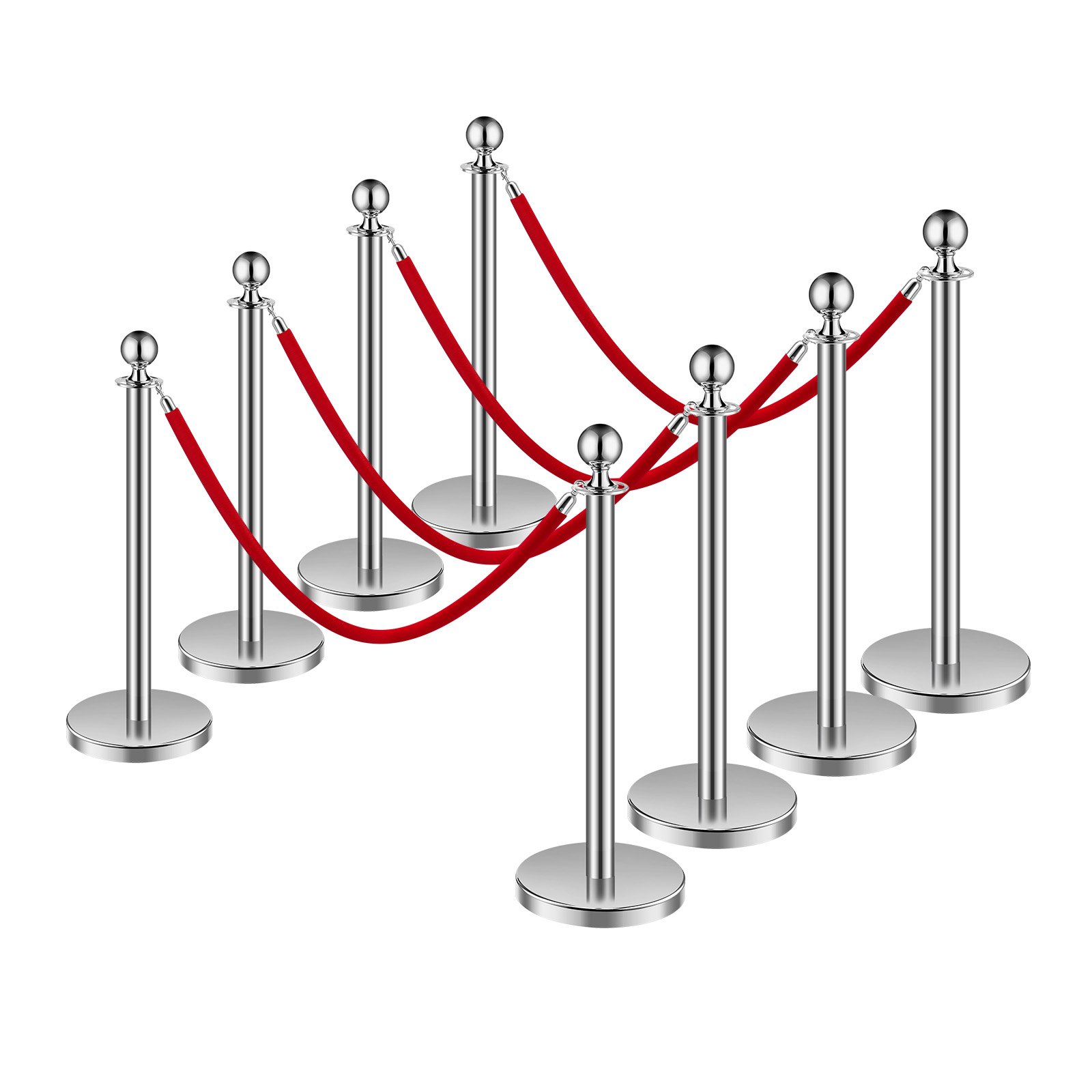 VEVOR Stanchion Post, 8 Pcs Crowd Control Barrier Set with 4 Red Velvet Ropes, 5 ft Stainless Steel Silver Stanchion Post Queue with Sand Injection Hollow Base for Theater, Party, Wedding, Exhibition