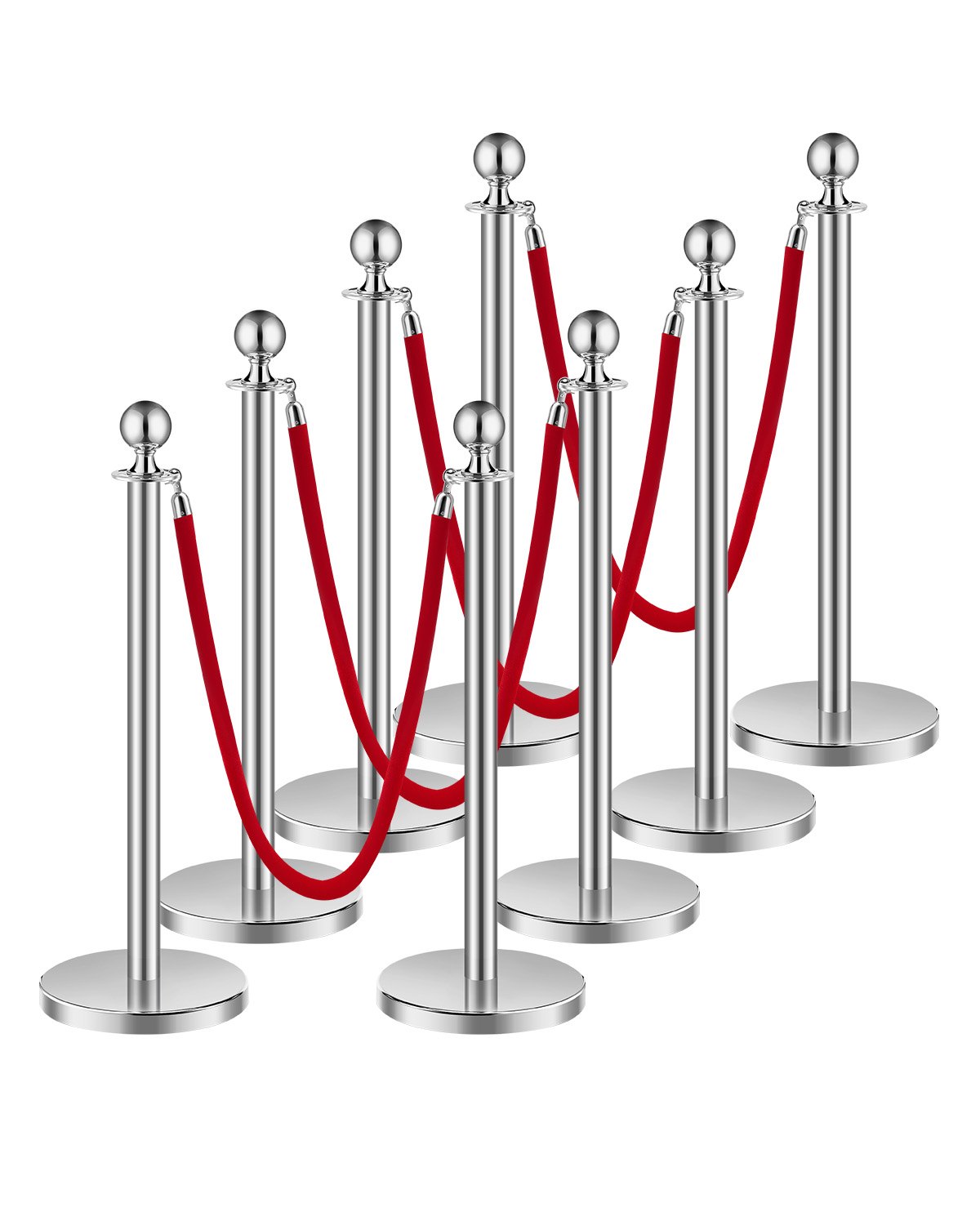 VEVOR Stanchion Post, 8 Pcs Crowd Control Barrier Set with 4 Red Velvet Ropes, 5 ft Stainless Steel Silver Stanchion Post Queue with Sand Injection Hollow Base for Theater, Party, Wedding, Exhibition