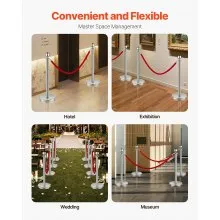 VEVOR Stanchions and Velvet Ropes 4Pcs, Hollow Base with Stainless Steel Post, 2 Red Velvet Ropes and Posts, Crowd Control Barriers Silver Stanchions, Red Carpet Runner Poles for Party Supplies