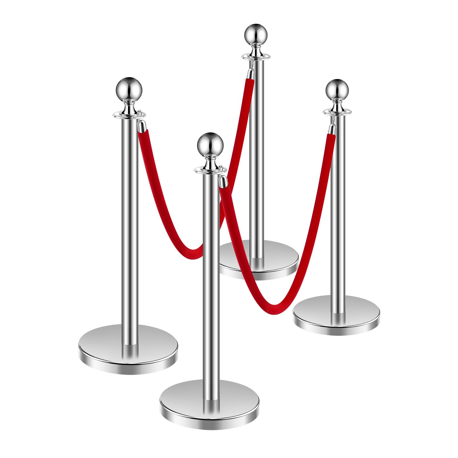 VEVOR Stanchion Post, 4 Pcs Crowd Control Barrier Set with 2 Red Velvet Ropes, 5 ft Stainless Steel Silver Stanchion Post Queue with Sand Injection Hollow Base for Theater, Party, Wedding, Exhibition