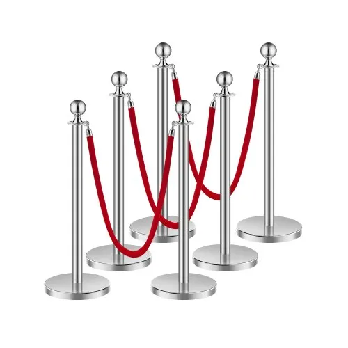 VEVOR Stanchion Post, 6 Pcs Crowd Control Barrier Set with 3 Red Velvet Ropes, 5 ft Stainless Steel Silver Stanchion Post Queue with Sand Injection Hollow Base for Theater, Party, Wedding, Exhibition