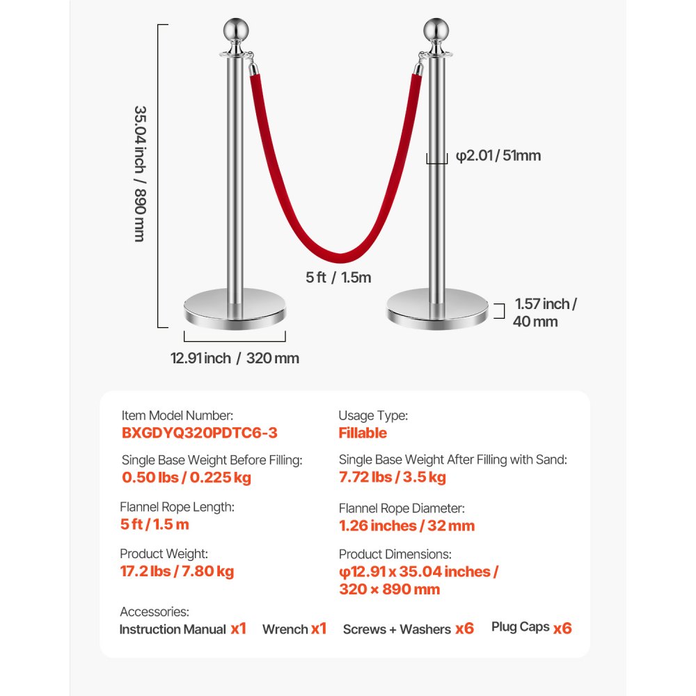 VEVOR Stanchion Post, 6 Pcs Crowd Control Barrier Set with 3 Red Velvet Ropes, 5 ft Stainless Steel Silver Stanchion Post Queue with Sand Injection Hollow Base for Theater, Party, Wedding, Exhibition