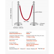 VEVOR 6 Pcs Silver Stanchion Post 3 Red Velvet Ropes Sand Injection Hollow Base