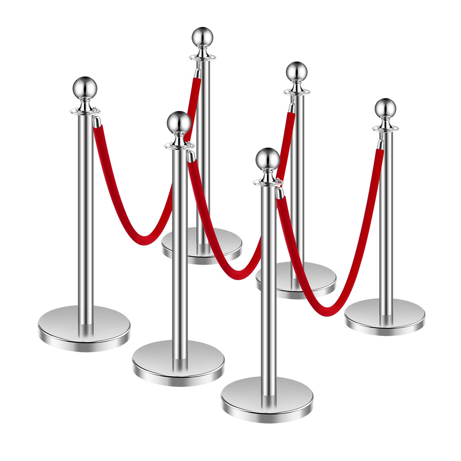 VEVOR Stanchion Post, 6 Pcs Crowd Control Barrier Set with 3 Red Velvet Ropes, 5 ft Stainless Steel Silver Stanchion Post Queue with Sand Injection Hollow Base for Theater, Party, Wedding, Exhibition