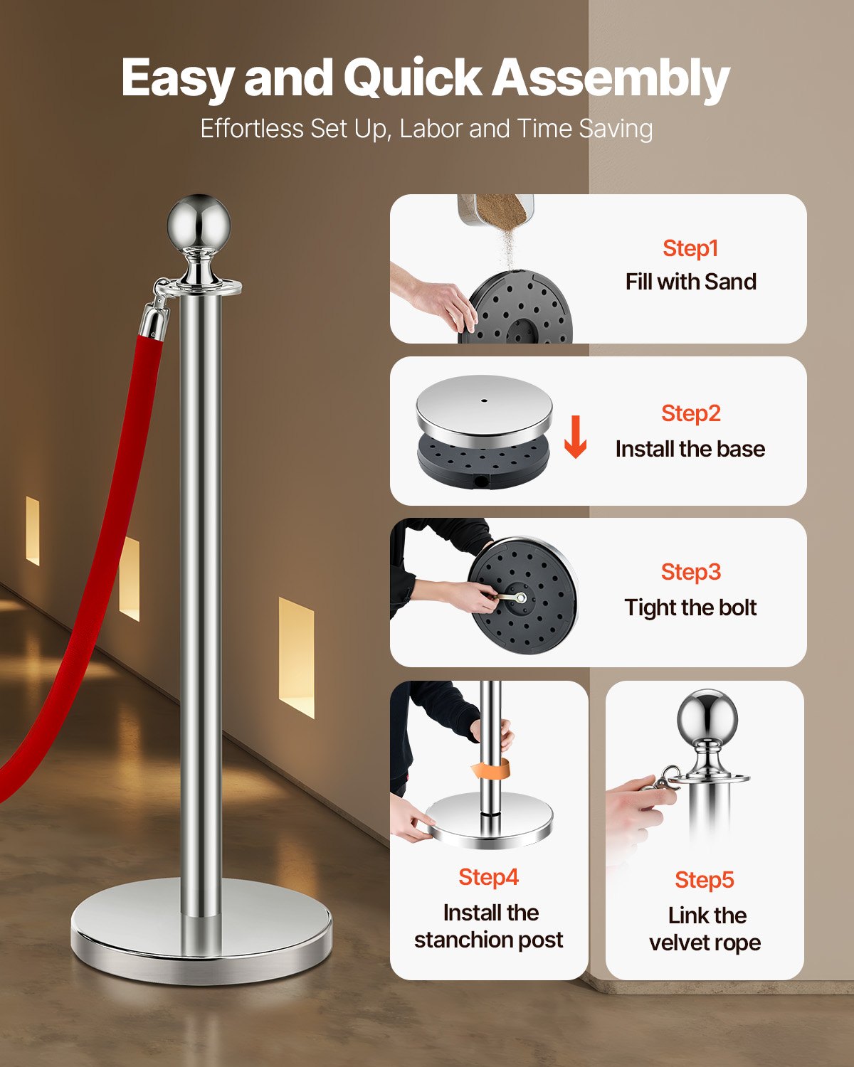 VEVOR Stanchions and Velvet Ropes 6Pcs, Hollow Base with Stainless Steel Post, 3 Red Velvet Ropes and Posts, Crowd Control Barriers Silver Stanchions, Red Carpet Runner Poles for Party Supplies