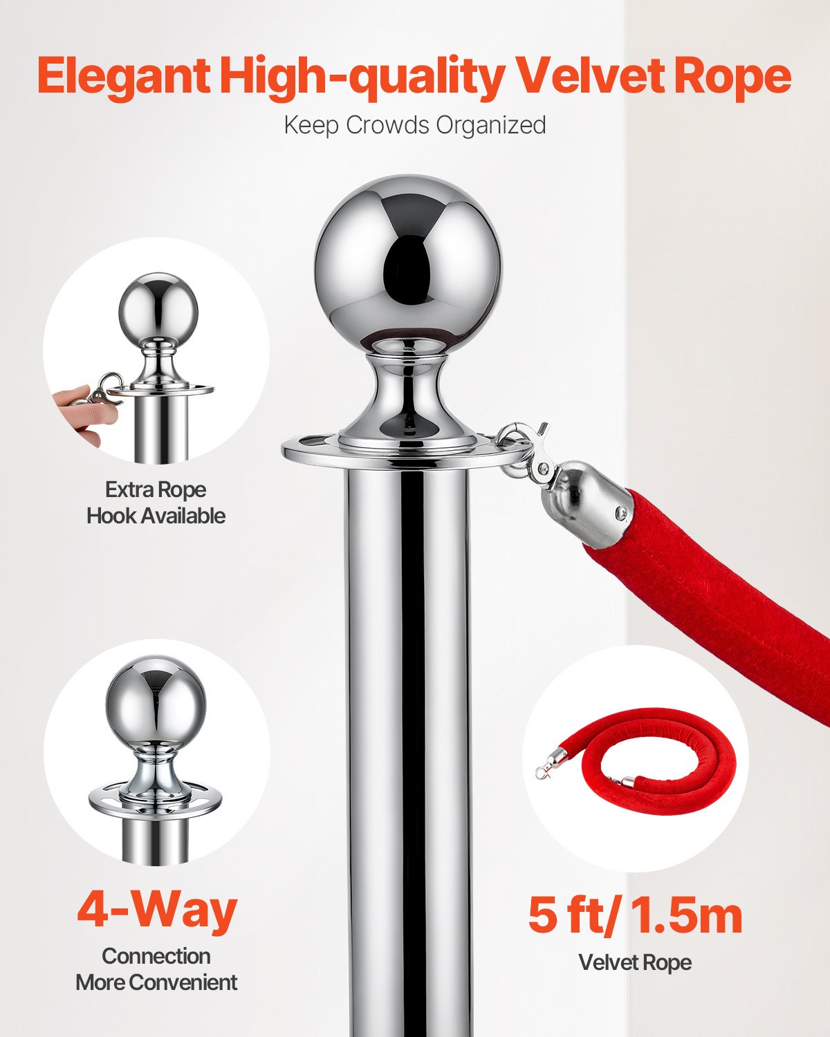 VEVOR Stanchions and Velvet Ropes 6Pcs, Hollow Base with Stainless Steel Post, 3 Red Velvet Ropes and Posts, Crowd Control Barriers Silver Stanchions, Red Carpet Runner Poles for Party Supplies