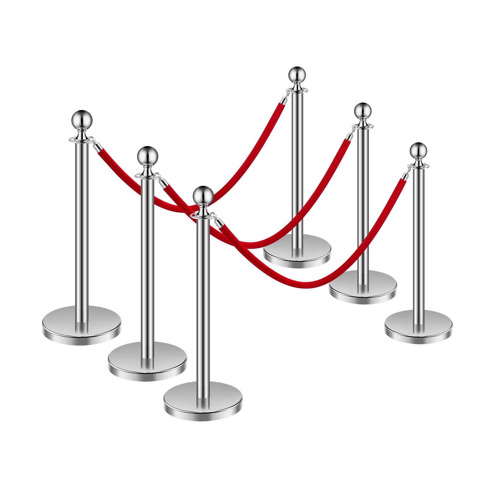 VEVOR Stanchions and Velvet Ropes 6Pcs, Hollow Base with Stainless Steel Post, 3 Red Velvet Ropes and Posts, Crowd Control Barriers Silver Stanchions, Red Carpet Runner Poles for Party Supplies