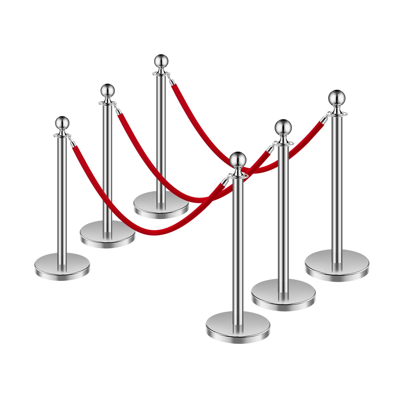 VEVOR Stanchions and Velvet Ropes 6Pcs, Hollow Base with Stainless Steel Post, 3 Red Velvet Ropes and Posts, Crowd Control Barriers Silver Stanchions, Red Carpet Runner Poles for Party Supplies