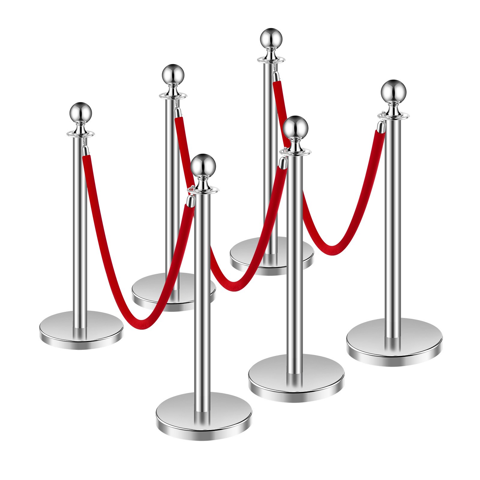 VEVOR Stanchions and Velvet Ropes 6Pcs, Hollow Base with Stainless Steel Post, 3 Red Velvet Ropes and Posts, Crowd Control Barriers Silver Stanchions, Red Carpet Runner Poles for Party Supplies