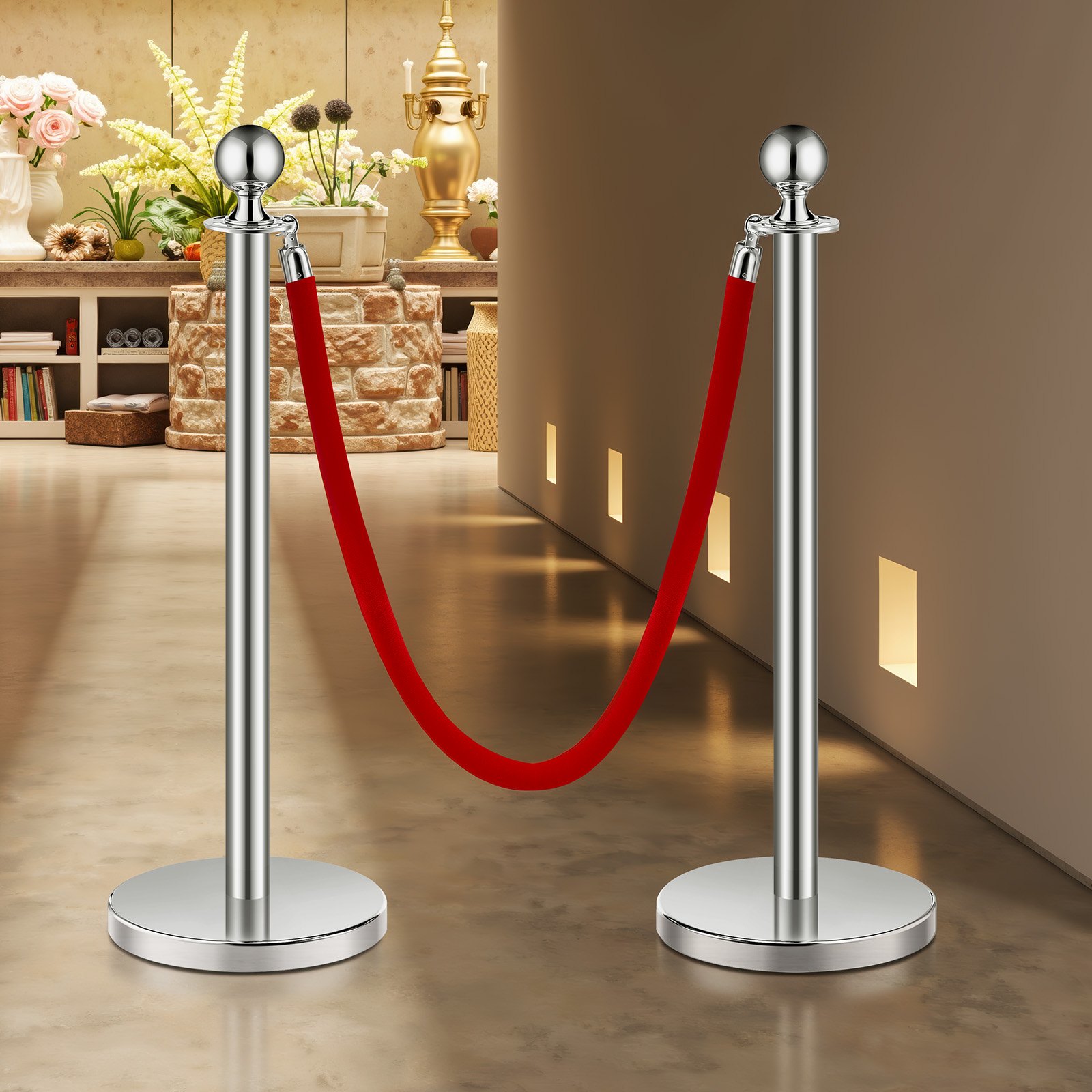 VEVOR Stanchion Post, 6 Pcs Crowd Control Barrier Set with 3 Red Velvet Ropes, 5 ft Stainless Steel Silver Stanchion Post Queue with Sand Injection Hollow Base for Theater, Party, Wedding, Exhibition
