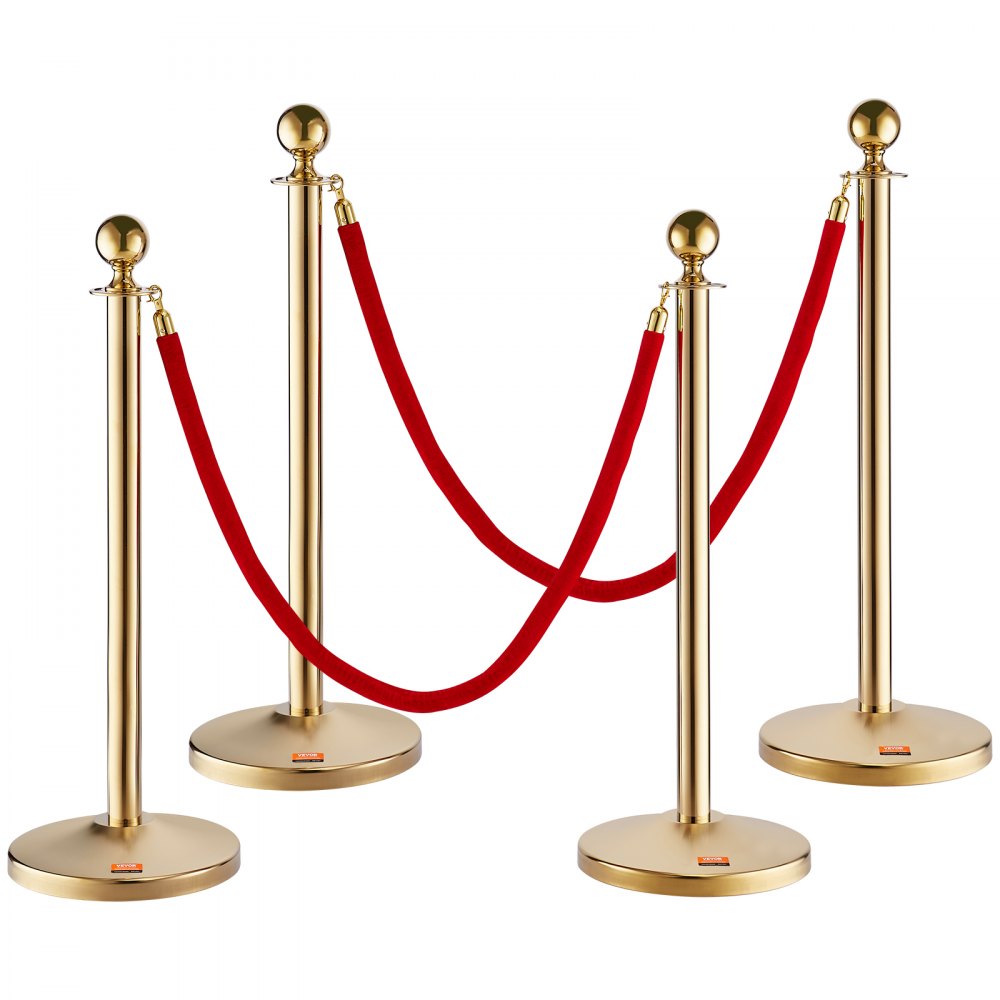 gold stanchion posts with red velvet ropes arranged in a barrier setup, VEVOR stanchion post.