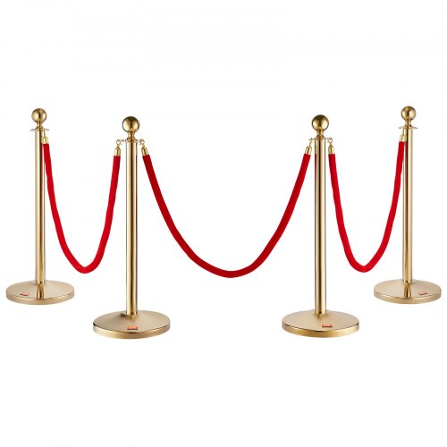 VEVOR Stanchion Post with Velvet Rope, 4-Pack Crowd Control Stanchion with 3PCS 5FT Red Velvet Ropes, Stainless Steel Queue Barrier Line Divider with Fillable Base & Ball Top for Wedding Museum Party