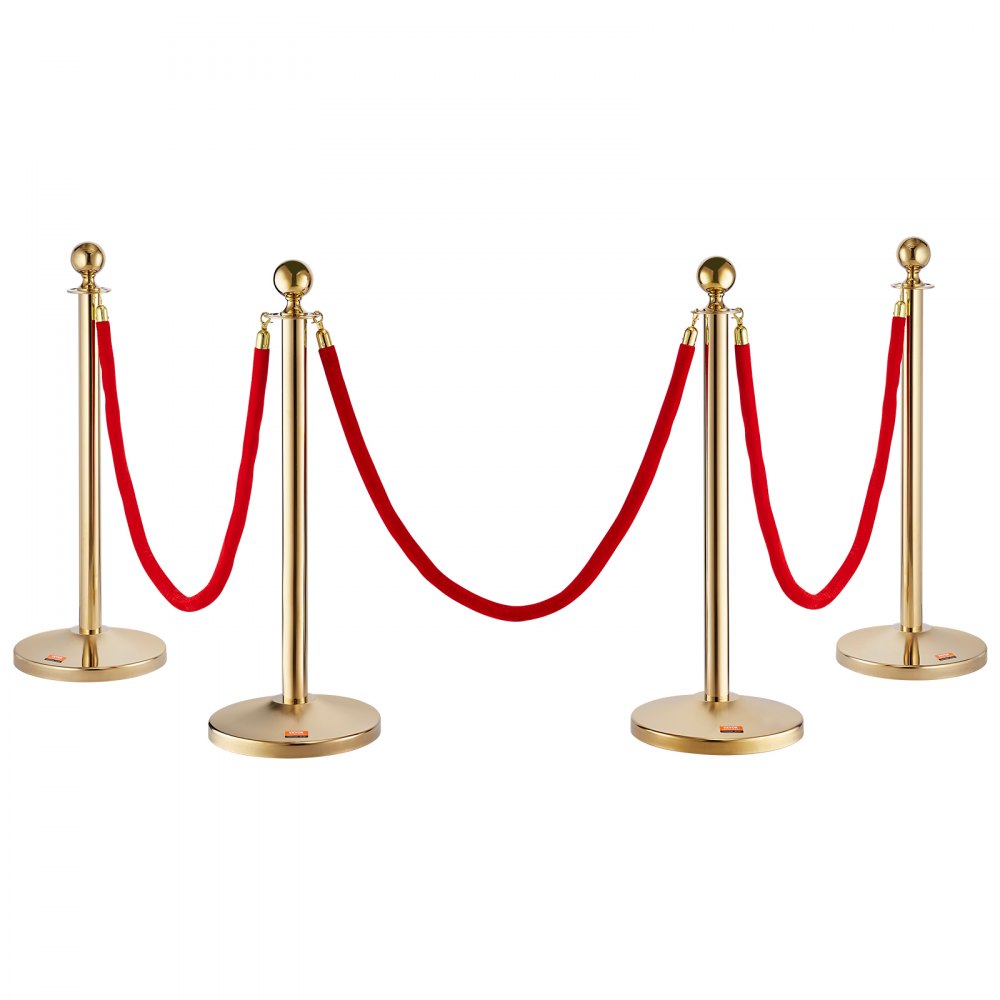 gold VEVOR stanchion posts with red velvet ropes, connected in a queue formation.