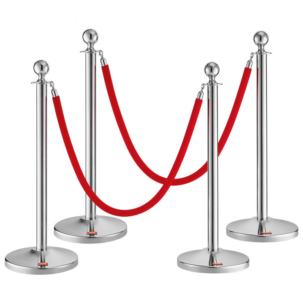 four VEVOR stanchion posts with red velvet ropes connected, arranged in a semi-circle.