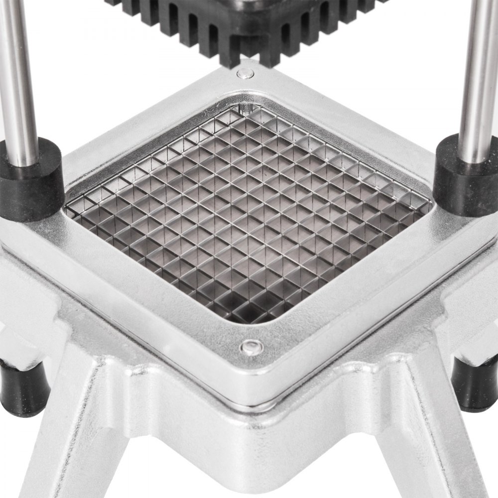 close-up of VEVOR vegetable chopper&#039;s sharp stainless steel grid blades and sturdy frame.