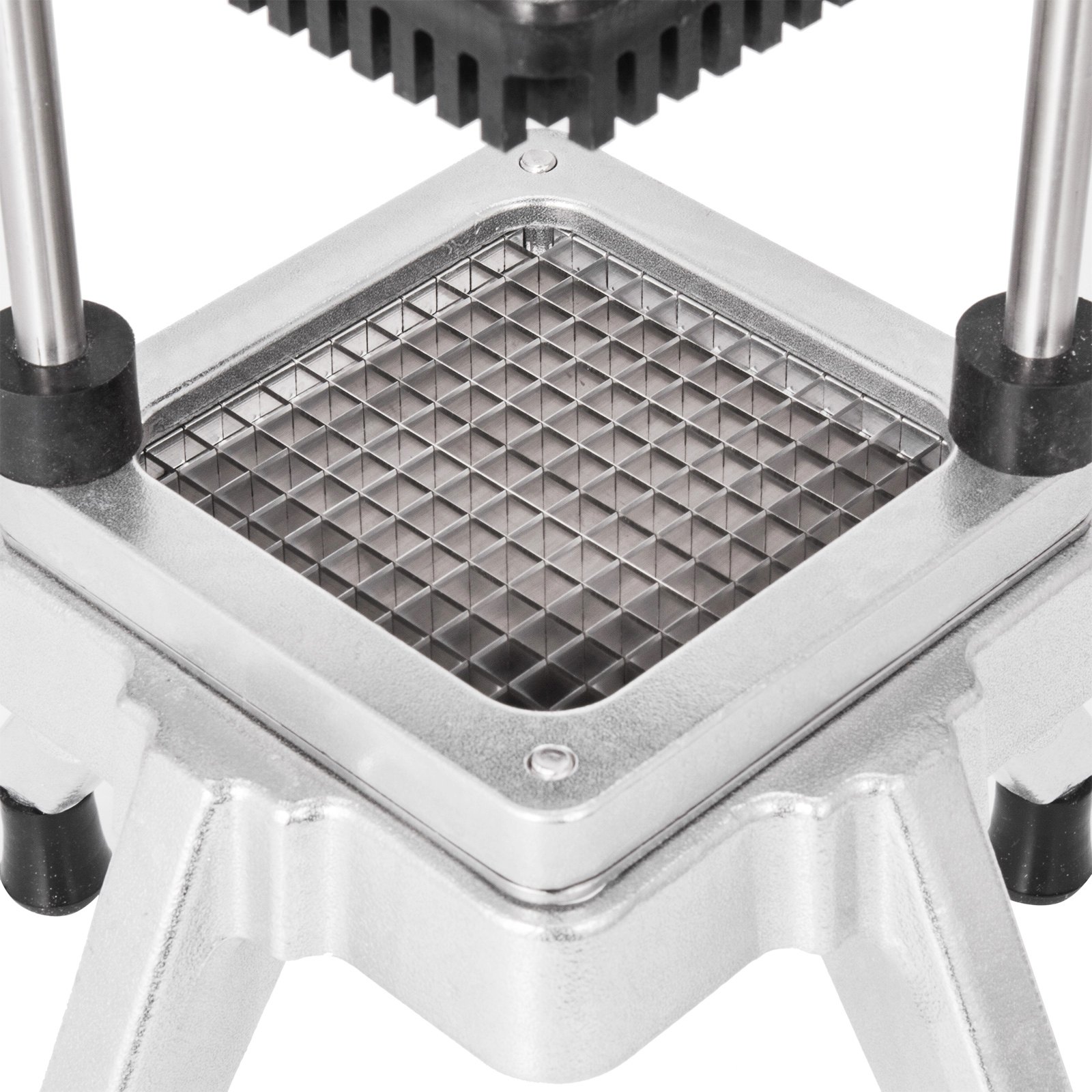 close-up of VEVOR vegetable chopper&#039;s sharp stainless steel grid blades and sturdy frame.