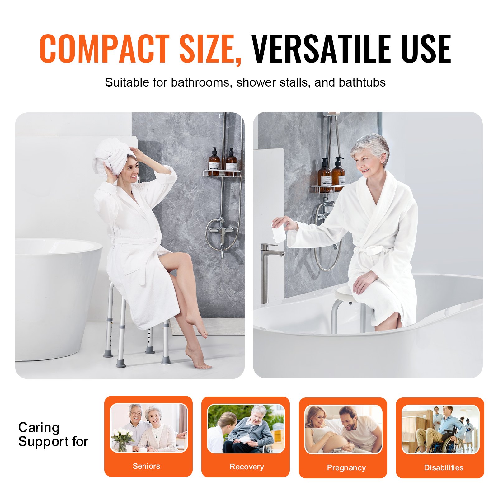VEVOR Shower Chair for Inside Shower, Adjustable Height Shower Stool, Non-Slip Bench Bathtub Seat Stool for Elderly Disabled Adults Handicap, 136.1 kg Capacity