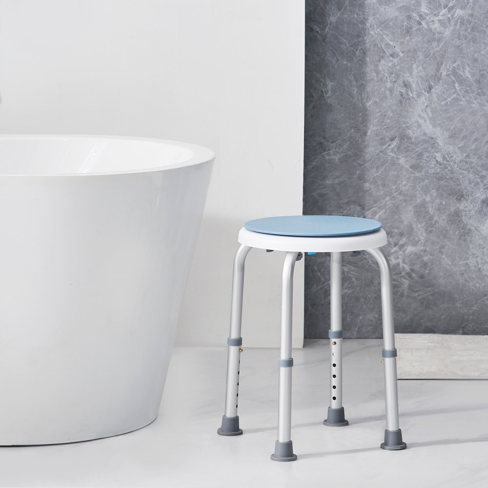 white freestanding bathtub and VEVOR shower chair with blue seat on adjustable legs against marble wall.