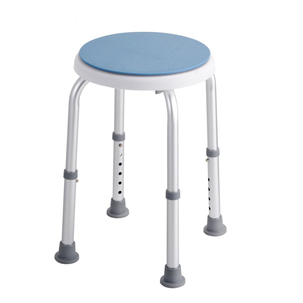 VEVOR shower chair with blue round seat and adjustable aluminum legs.
