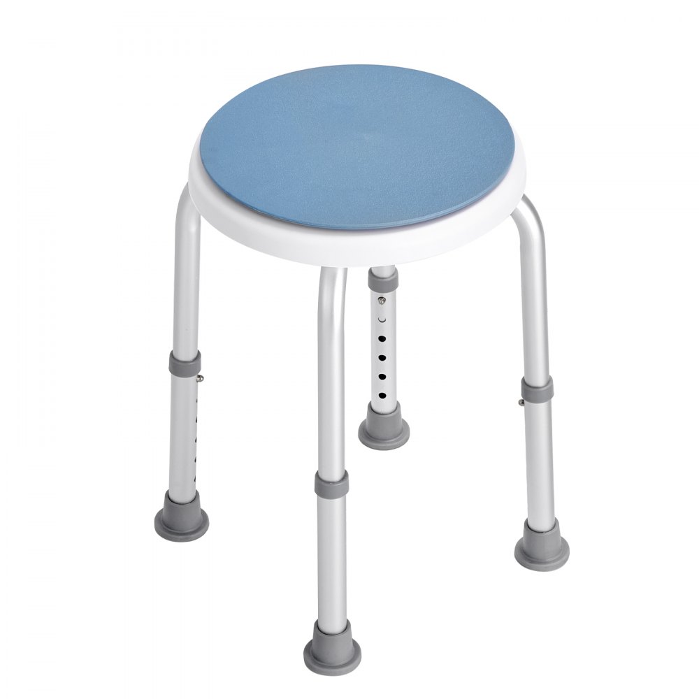 VEVOR shower chair with blue round seat, adjustable legs, and non-slip rubber feet for stability.