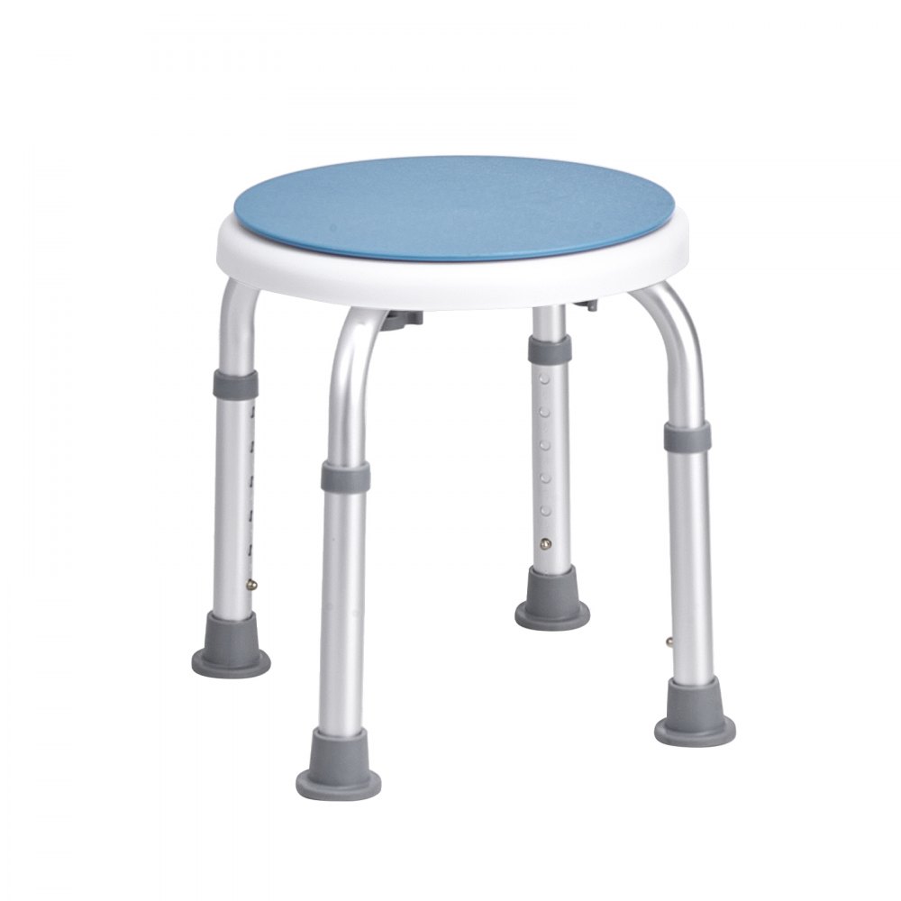 blue VEVOR shower chair with adjustable aluminum legs and non-slip rubber feet.