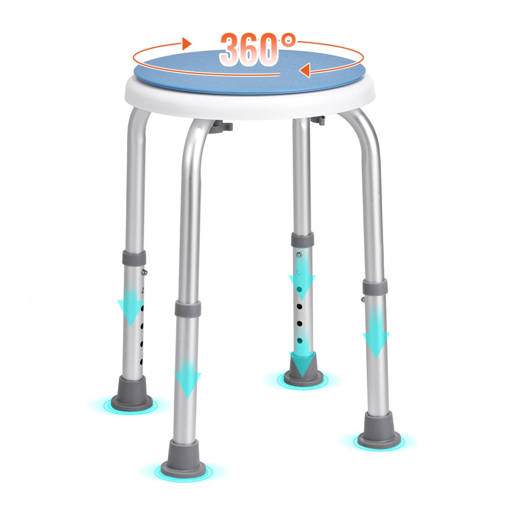 adjustable VEVOR shower chair with 360° rotating seat and sturdy metal legs with non-slip feet.