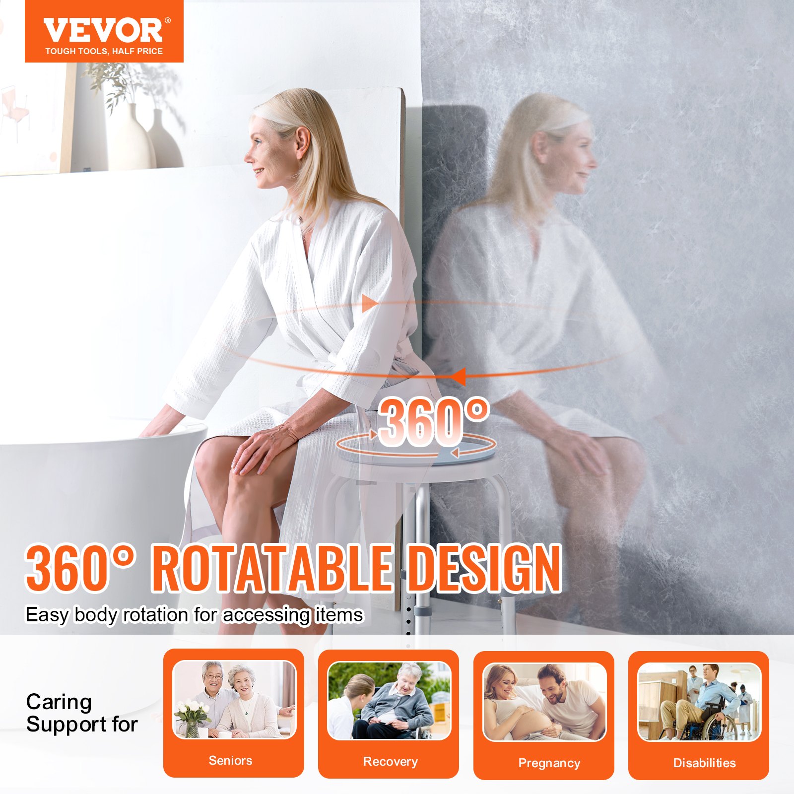 VEVOR shower chair with 360° rotatable design for easy body rotation. ideal for seniors, recovery, pregnancy, and disabilities.