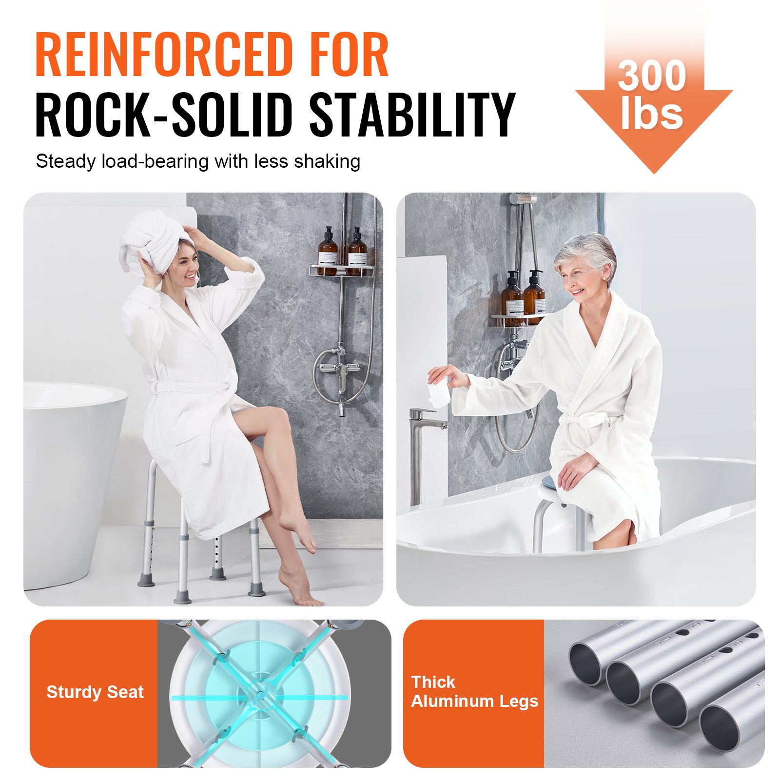 VEVOR shower chair with sturdy seat and thick aluminum legs, supports up to 300 lbs for rock-solid stability.