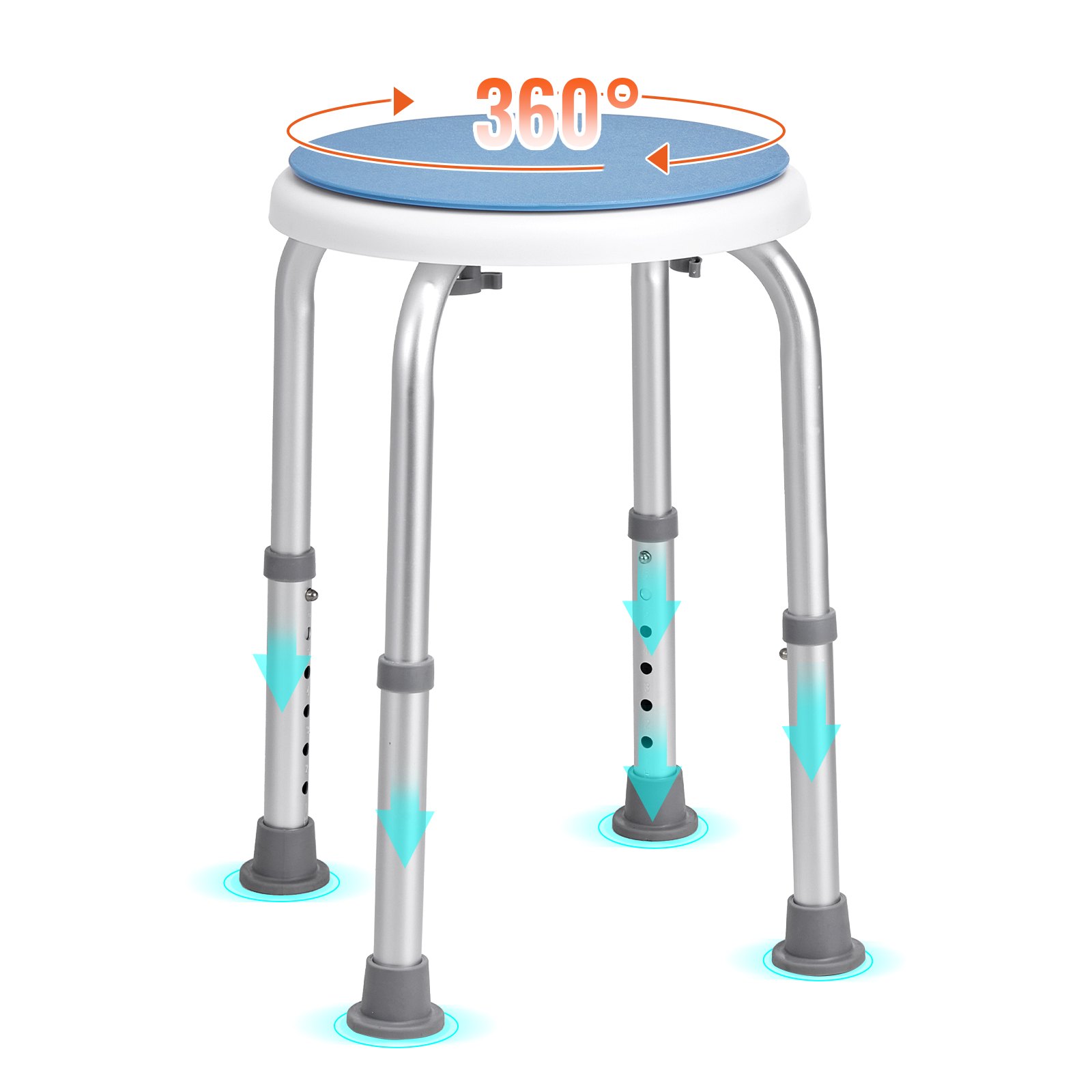 adjustable VEVOR shower chair with padded seat, 360° swivel, non-slip rubber feet.