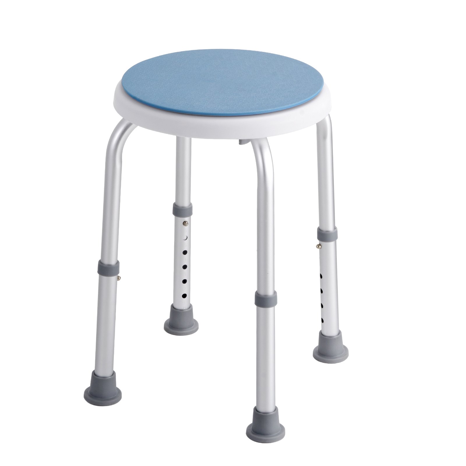 VEVOR shower chair with blue round seat and adjustable aluminum legs.