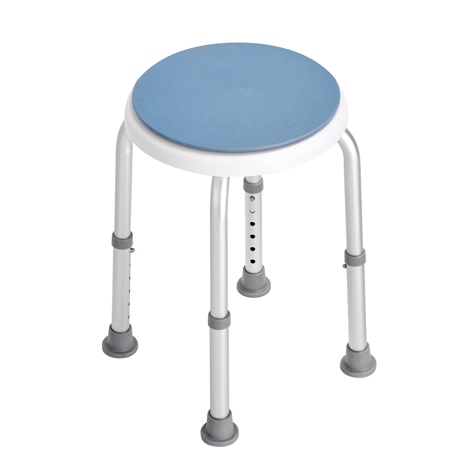 VEVOR shower chair with blue round seat, adjustable legs, and non-slip rubber feet for stability.