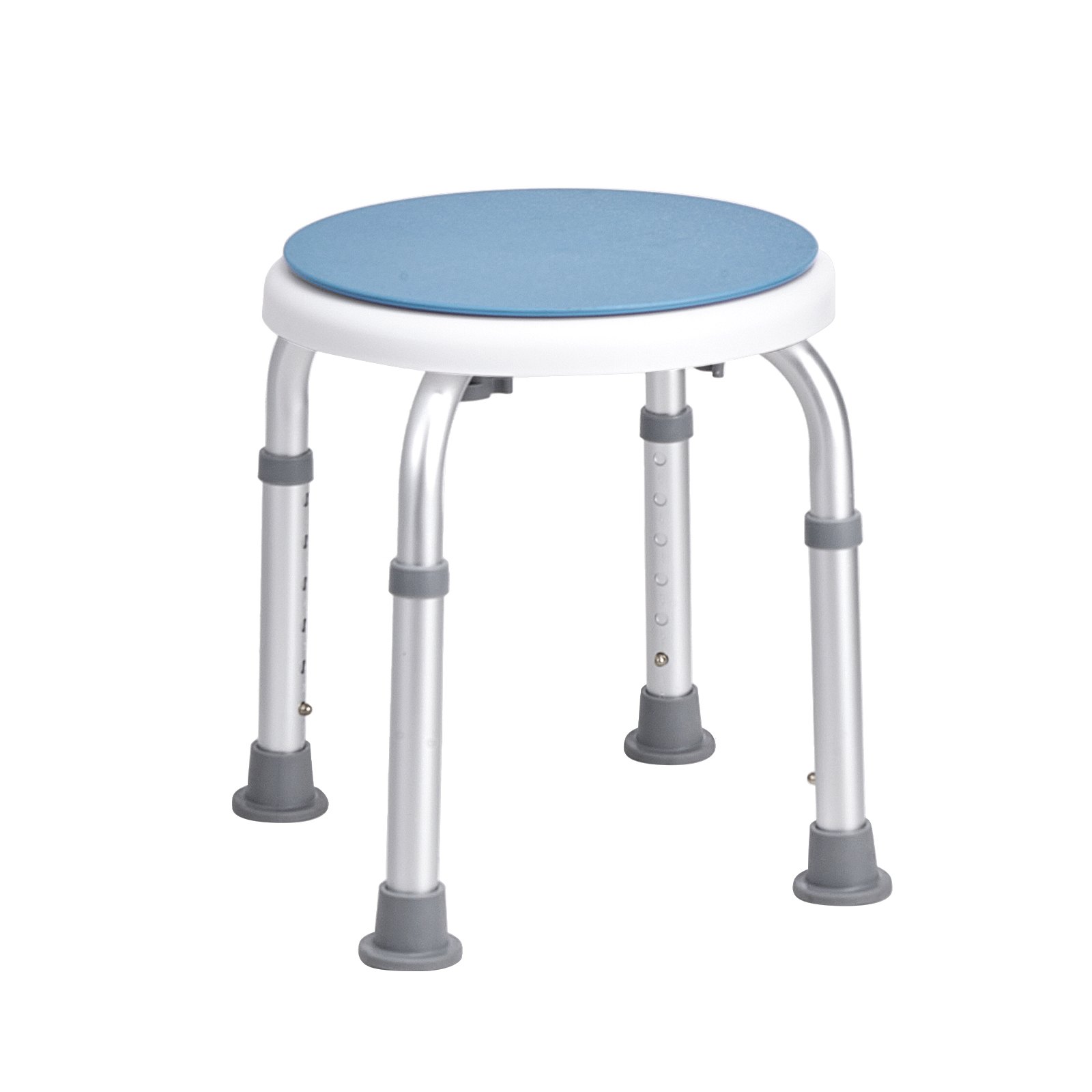blue VEVOR shower chair with adjustable aluminum legs and non-slip rubber feet.
